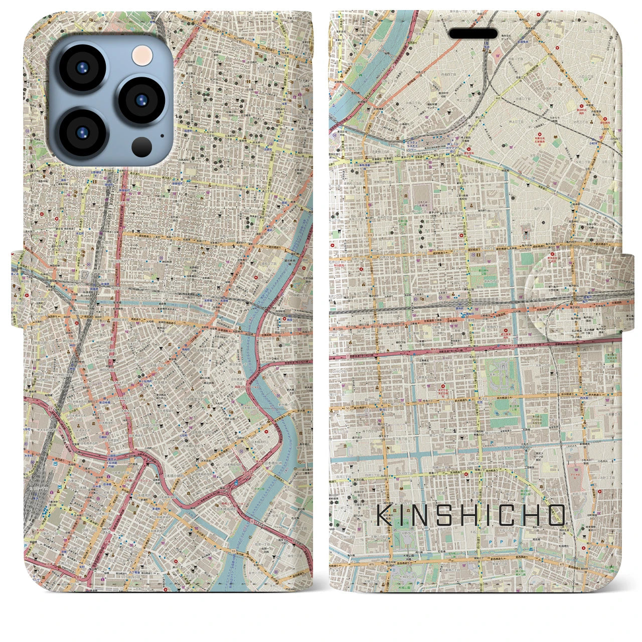 【錦糸町】地図柄iPhoneケース（手帳両面タイプ・ナチュラル）iPhone 13 Pro Max 用