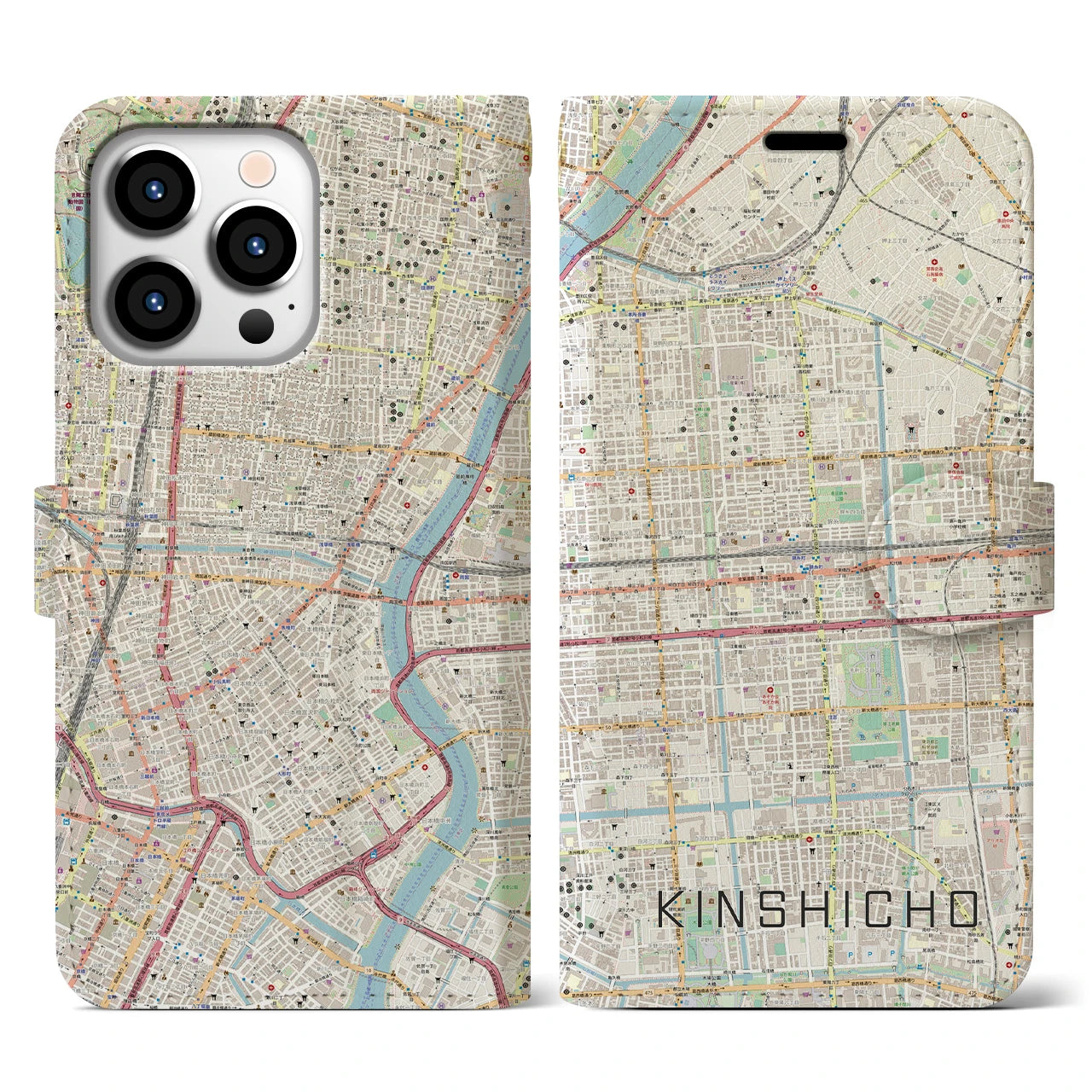 【錦糸町】地図柄iPhoneケース（手帳両面タイプ・ナチュラル）iPhone 13 Pro 用