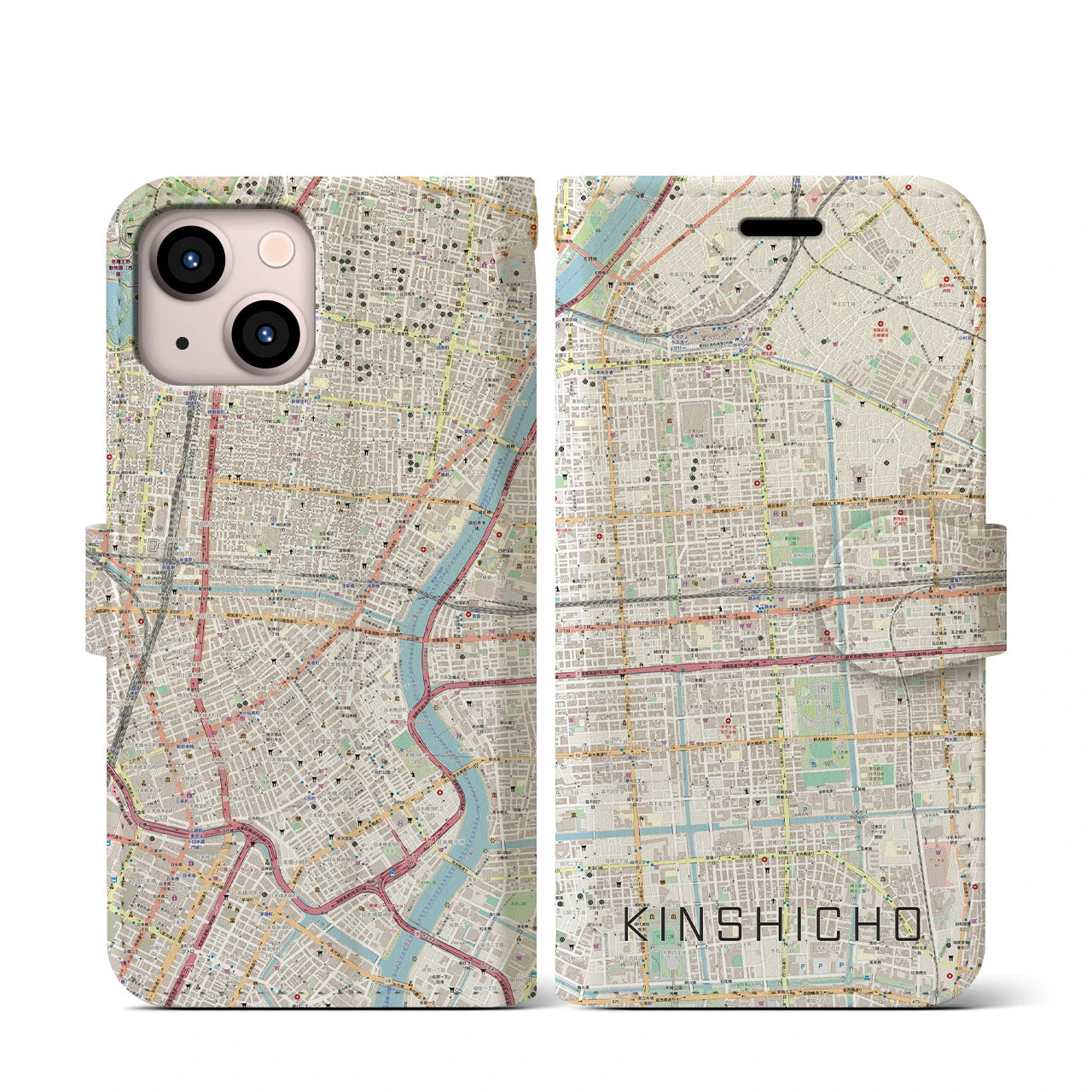【錦糸町】地図柄iPhoneケース（手帳両面タイプ・ナチュラル）iPhone 13 mini 用