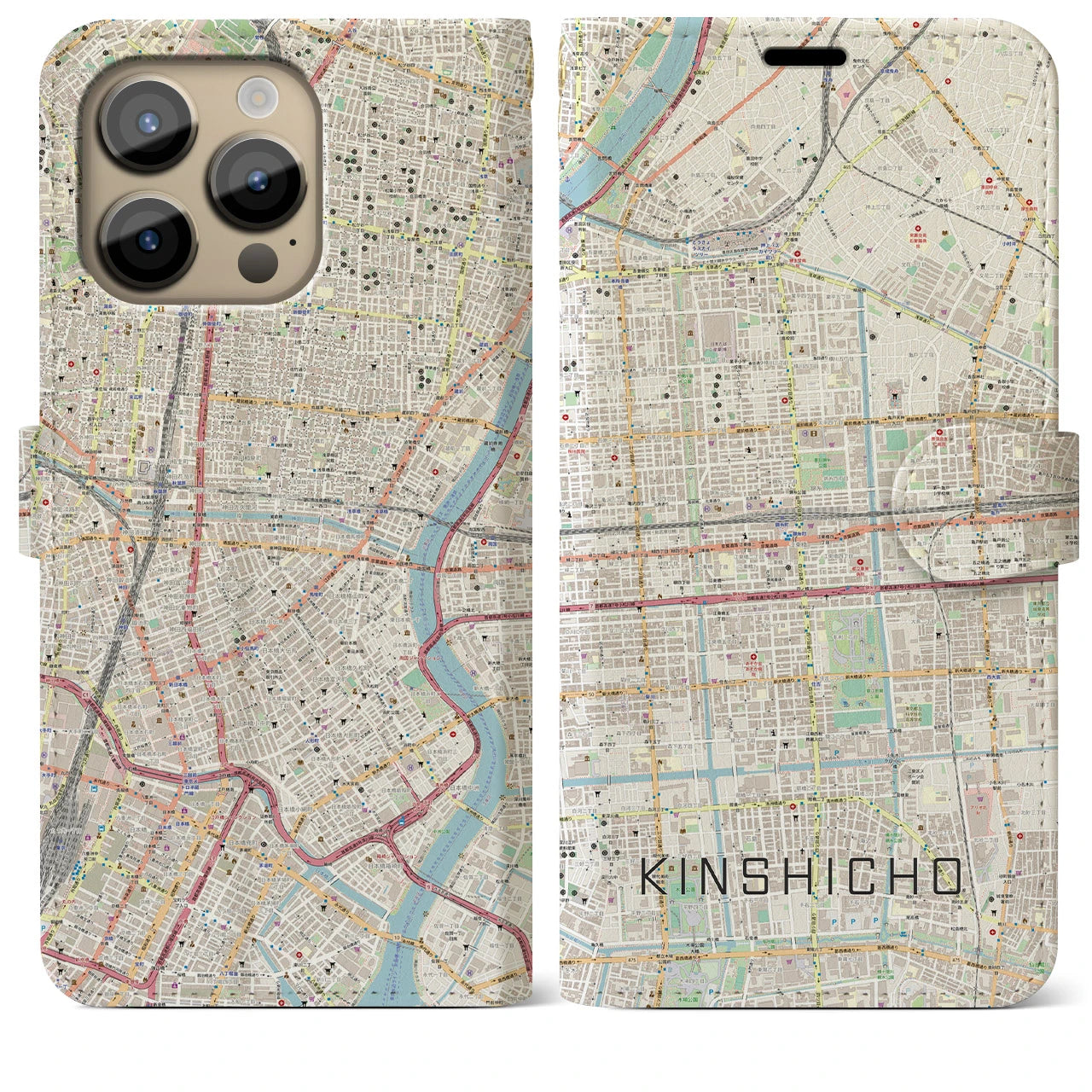 【錦糸町】地図柄iPhoneケース（手帳両面タイプ・ナチュラル）iPhone 14 Pro Max 用