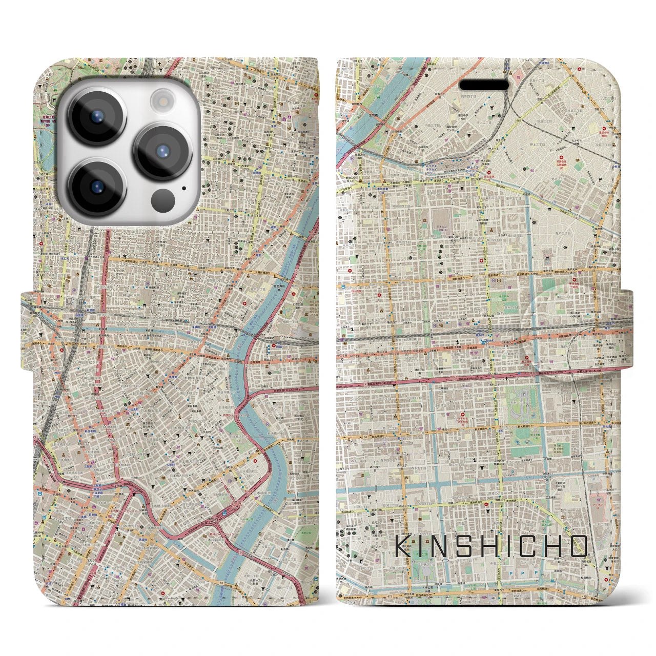 【錦糸町】地図柄iPhoneケース（手帳両面タイプ・ナチュラル）iPhone 14 Pro 用