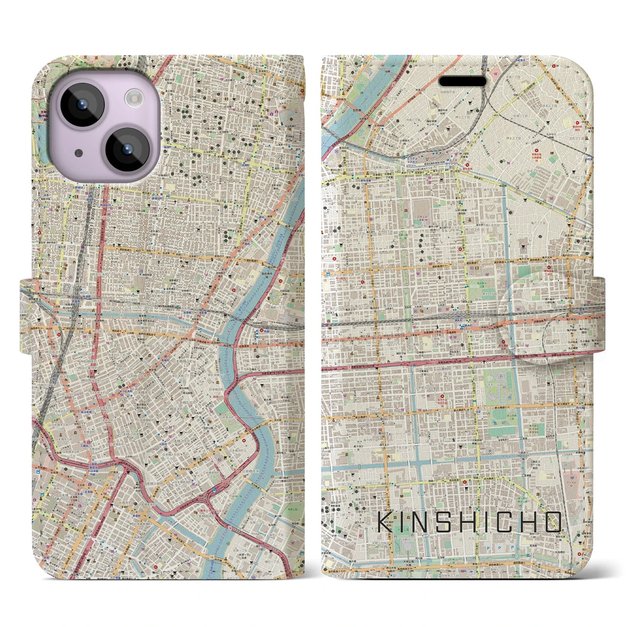 【錦糸町】地図柄iPhoneケース（手帳両面タイプ・ナチュラル）iPhone 14 用