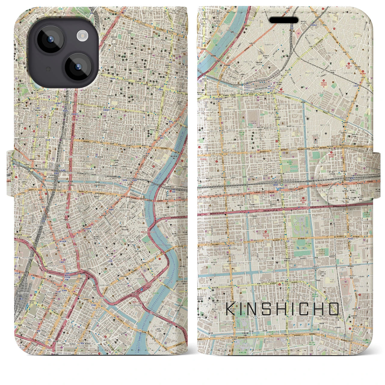 【錦糸町】地図柄iPhoneケース（手帳両面タイプ・ナチュラル）iPhone 14 Plus 用