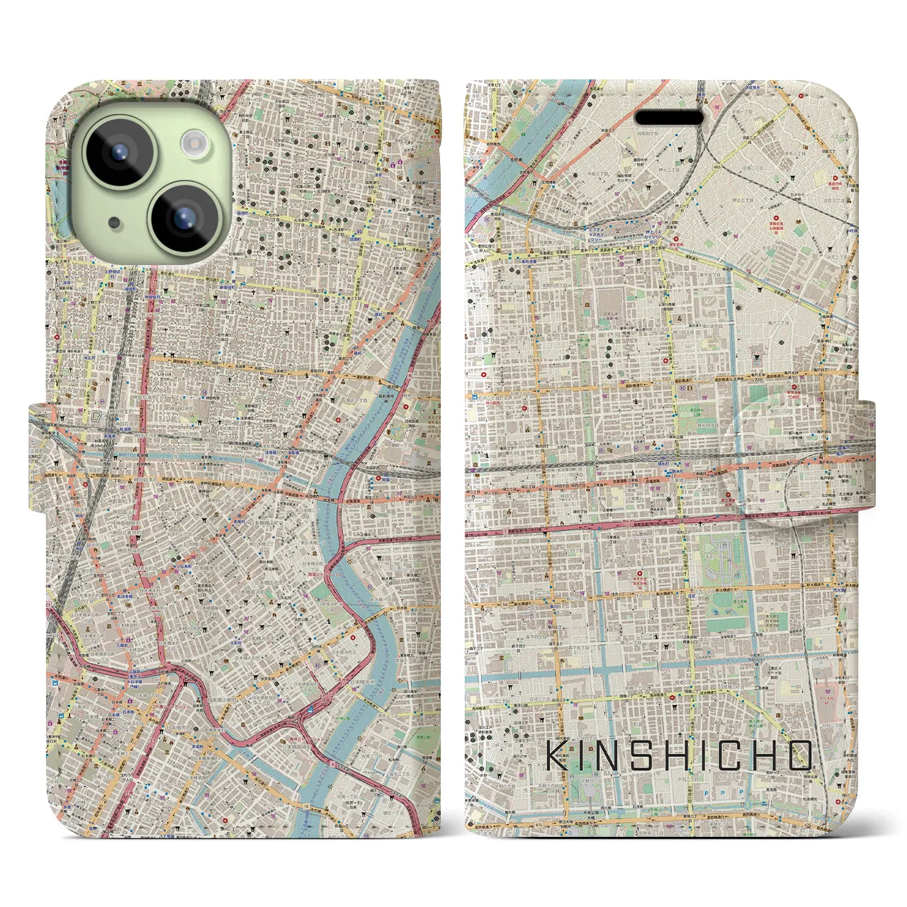 【錦糸町】地図柄iPhoneケース（手帳両面タイプ・ナチュラル）iPhone 15 用