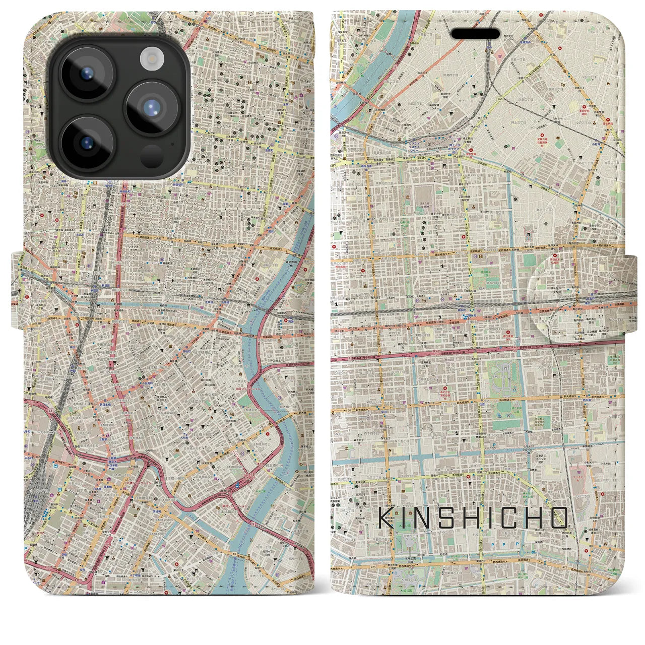 【錦糸町】地図柄iPhoneケース（手帳両面タイプ・ナチュラル）iPhone 15 Pro Max 用