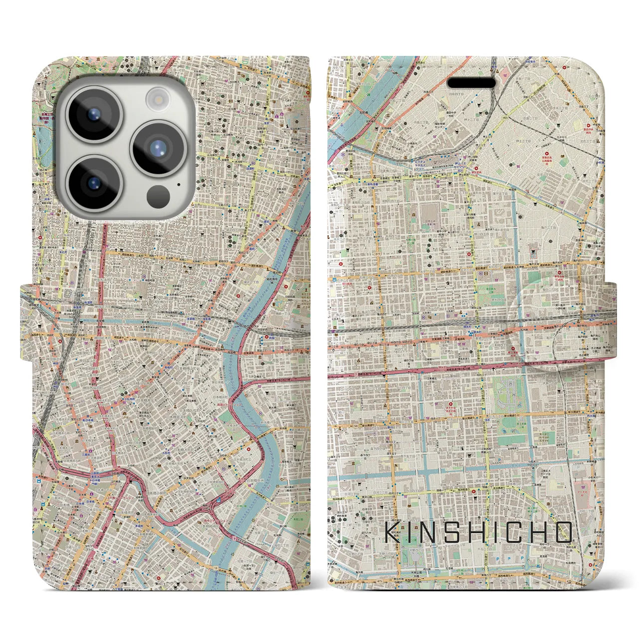 【錦糸町】地図柄iPhoneケース（手帳両面タイプ・ナチュラル）iPhone 15 Pro 用