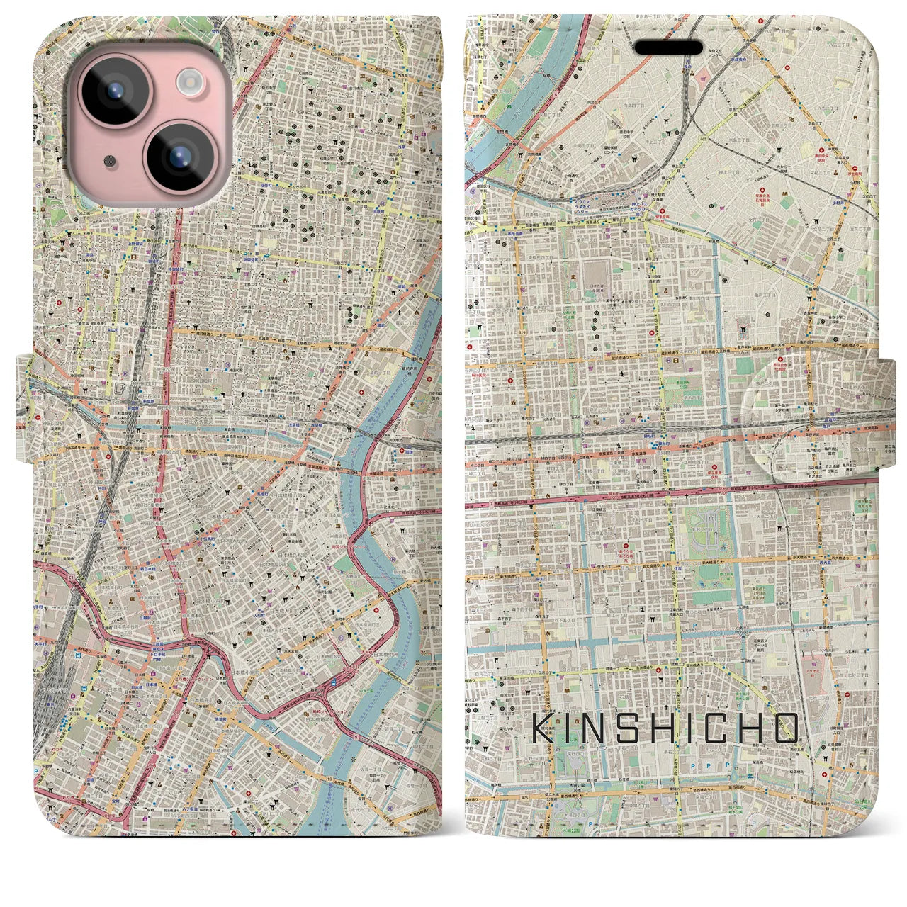 【錦糸町】地図柄iPhoneケース（手帳両面タイプ・ナチュラル）iPhone 15 Plus 用
