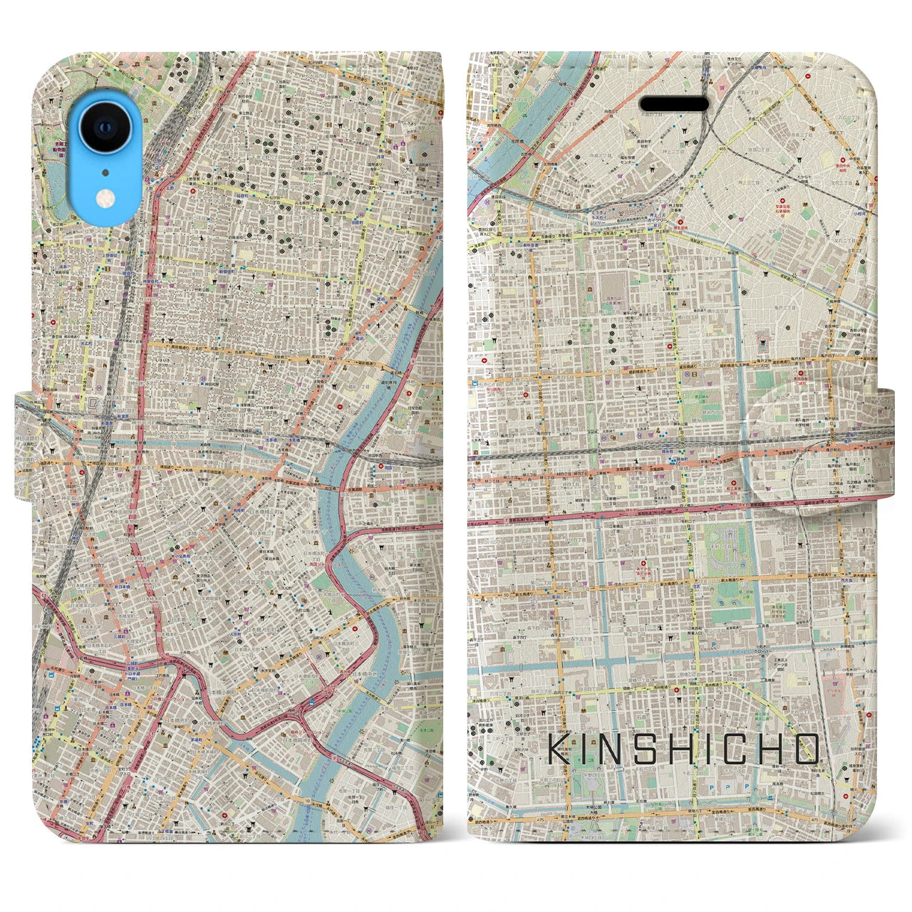 【錦糸町】地図柄iPhoneケース（手帳両面タイプ・ナチュラル）iPhone XR 用