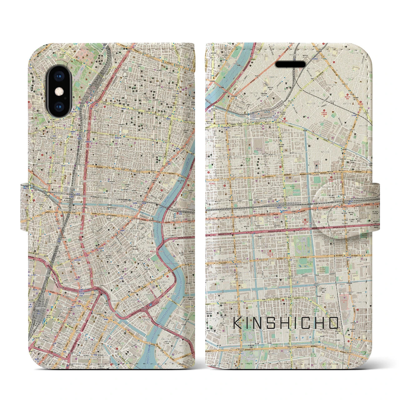 【錦糸町】地図柄iPhoneケース（手帳両面タイプ・ナチュラル）iPhone XS / X 用