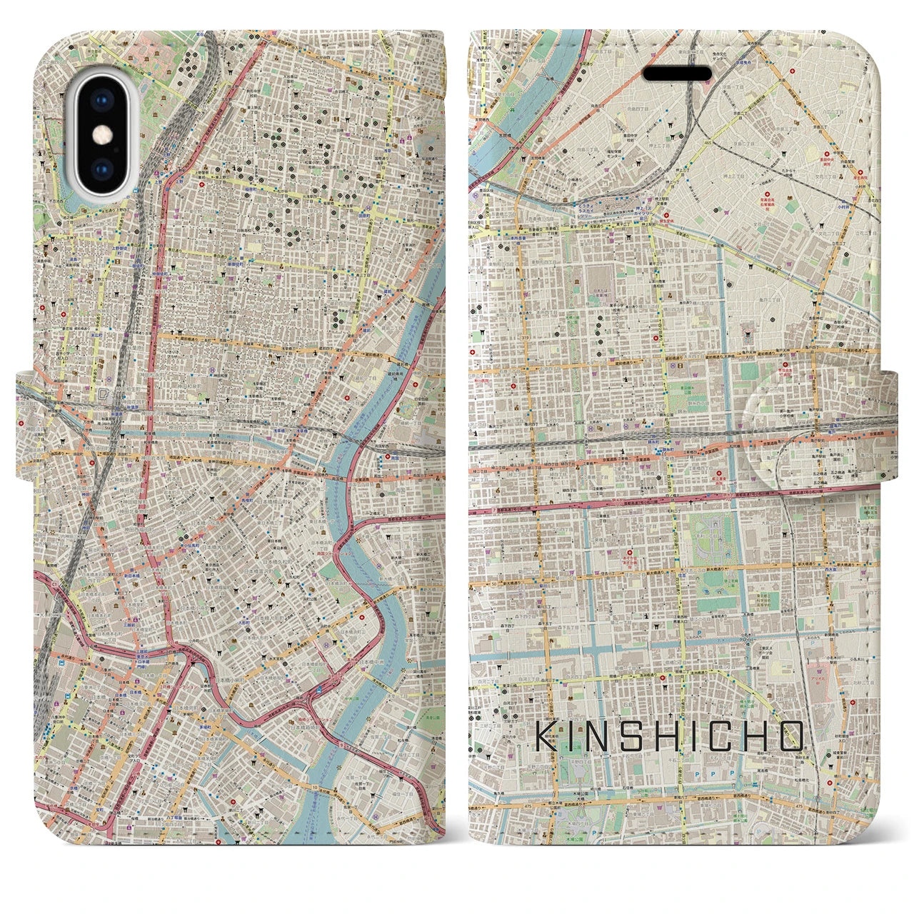 【錦糸町】地図柄iPhoneケース（手帳両面タイプ・ナチュラル）iPhone XS Max 用