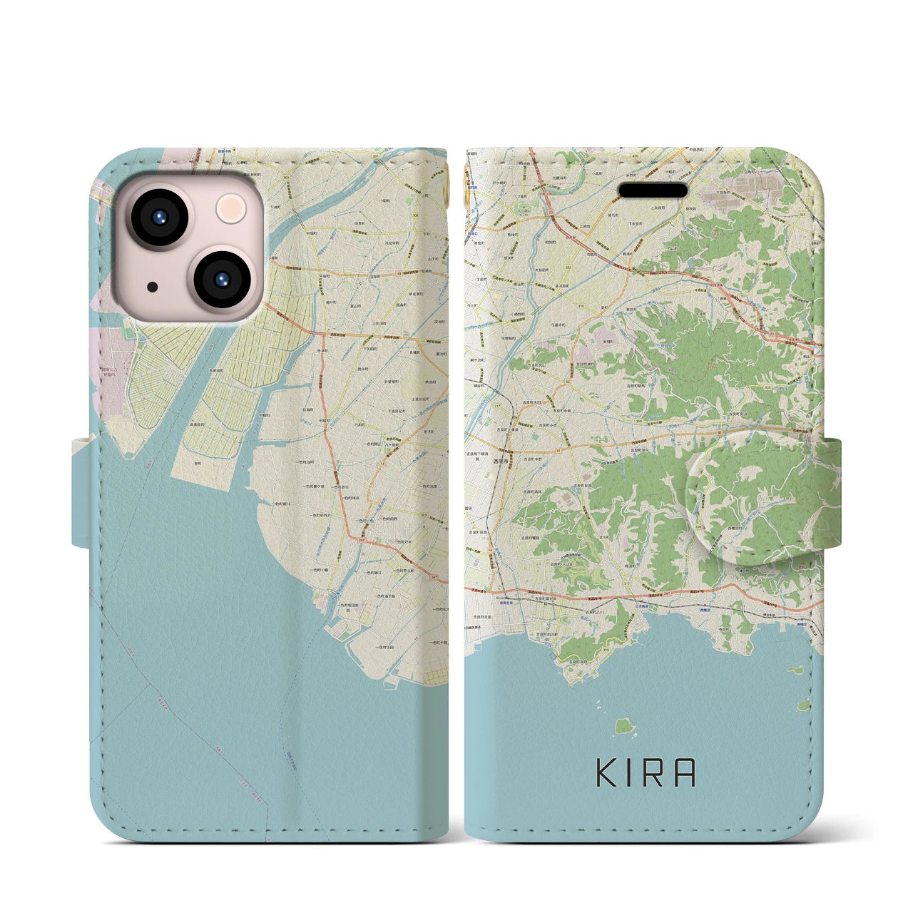 【吉良（愛知県）】地図柄iPhoneケース（手帳タイプ）ナチュラル・iPhone 13 mini 用