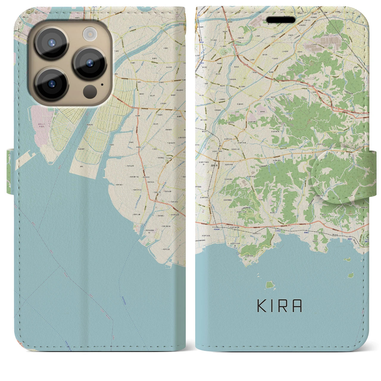 【吉良（愛知県）】地図柄iPhoneケース（手帳タイプ）ナチュラル・iPhone 14 Pro Max 用