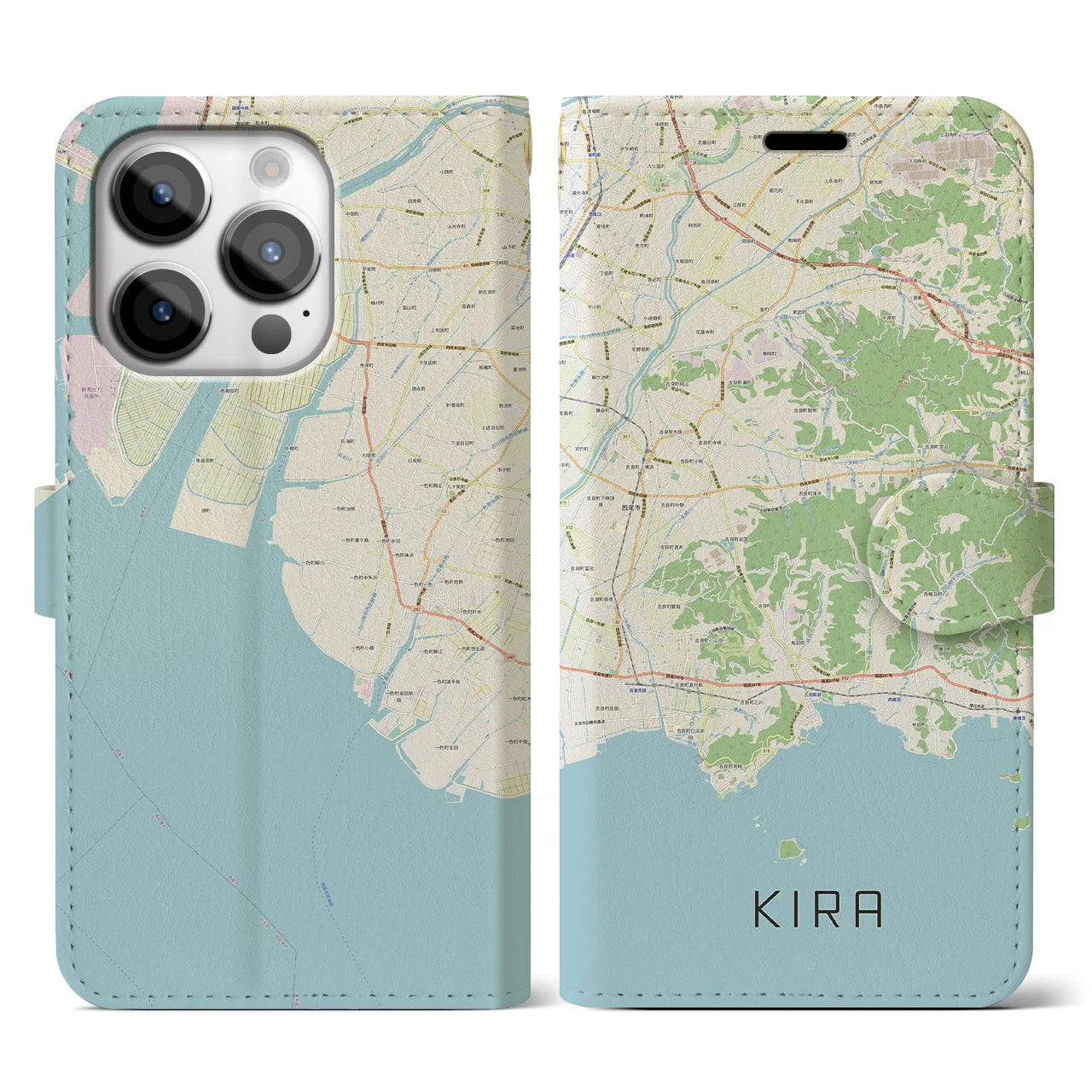 【吉良（愛知県）】地図柄iPhoneケース（手帳タイプ）ナチュラル・iPhone 14 Pro 用