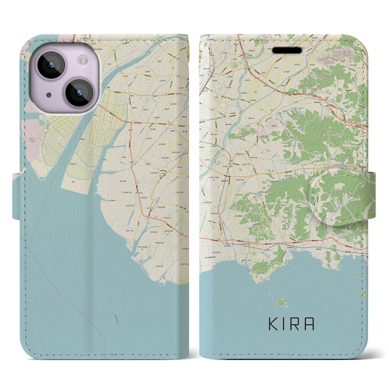 【吉良（愛知県）】地図柄iPhoneケース（手帳タイプ）ナチュラル・iPhone 14 用