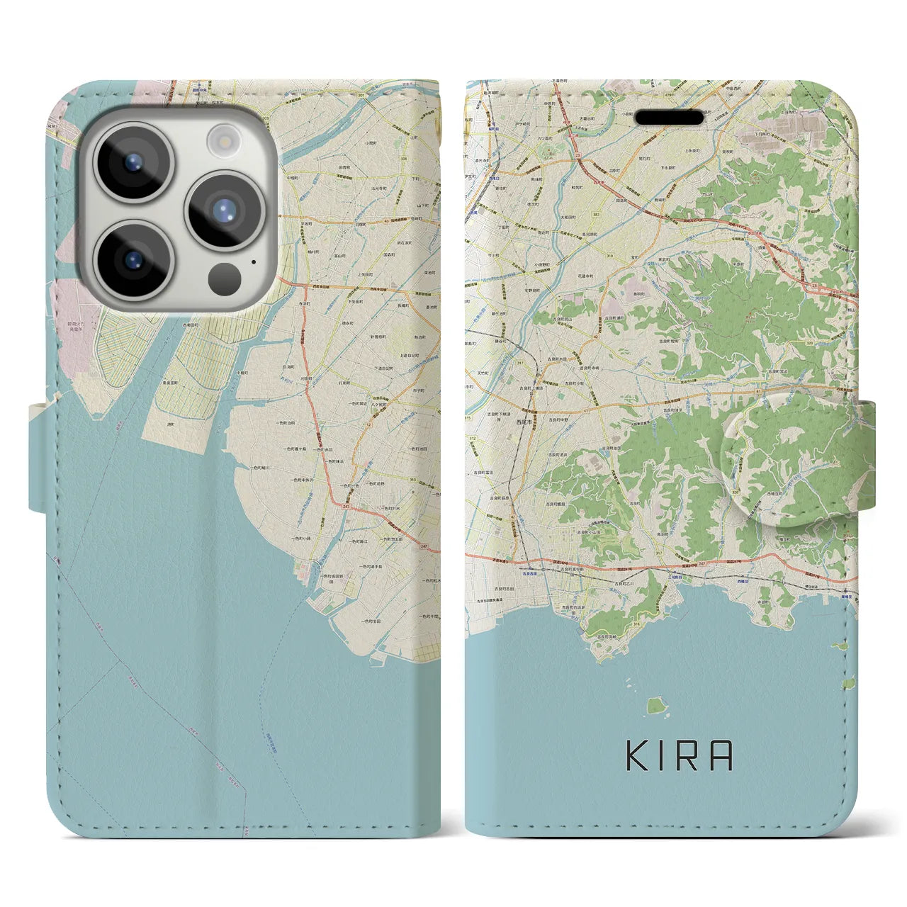 【吉良（愛知県）】地図柄iPhoneケース（手帳タイプ）ナチュラル・iPhone 15 Pro 用