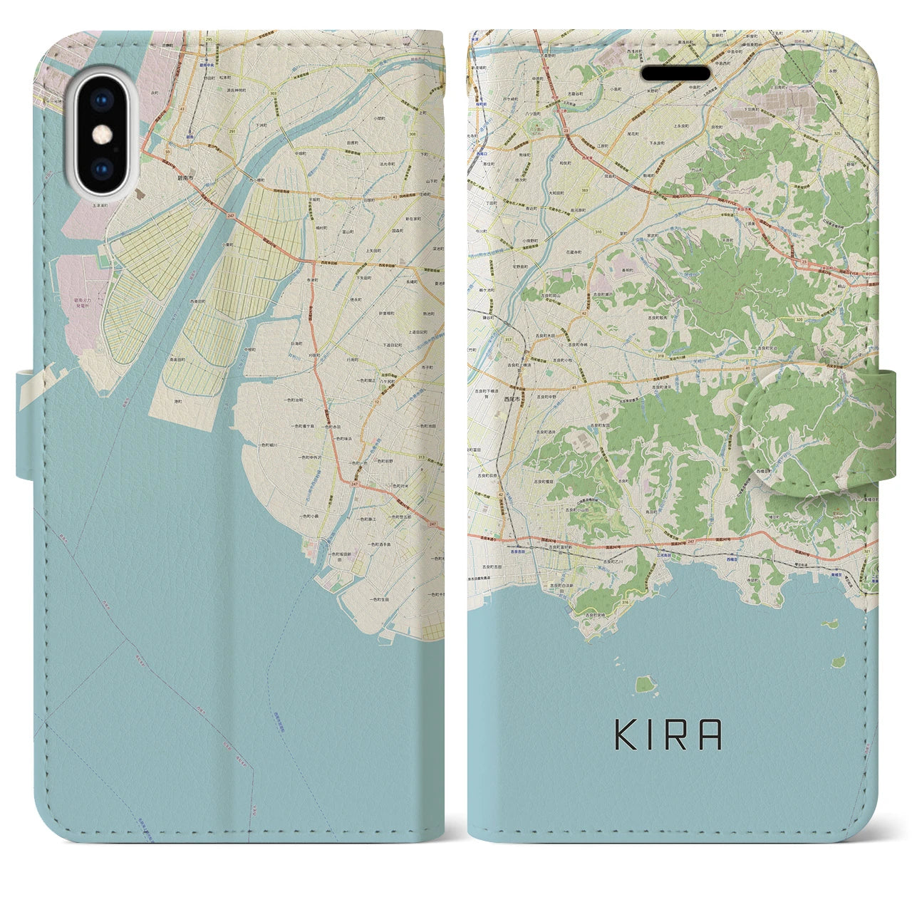 【吉良（愛知県）】地図柄iPhoneケース（手帳タイプ）ナチュラル・iPhone XS Max 用