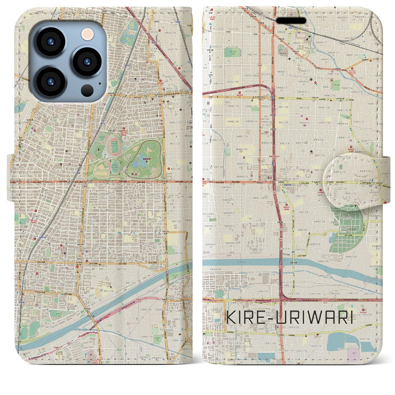 【喜連瓜破】地図柄iPhoneケース（手帳両面タイプ・ナチュラル）iPhone 13 Pro Max 用