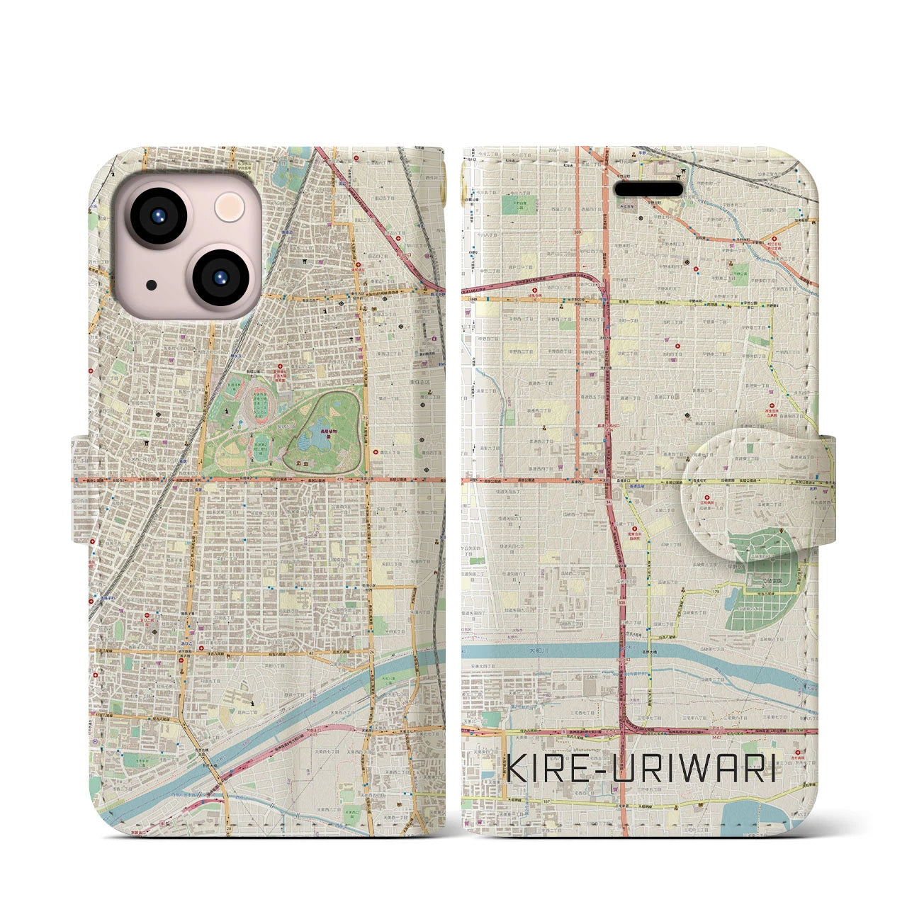 【喜連瓜破】地図柄iPhoneケース（手帳両面タイプ・ナチュラル）iPhone 13 mini 用