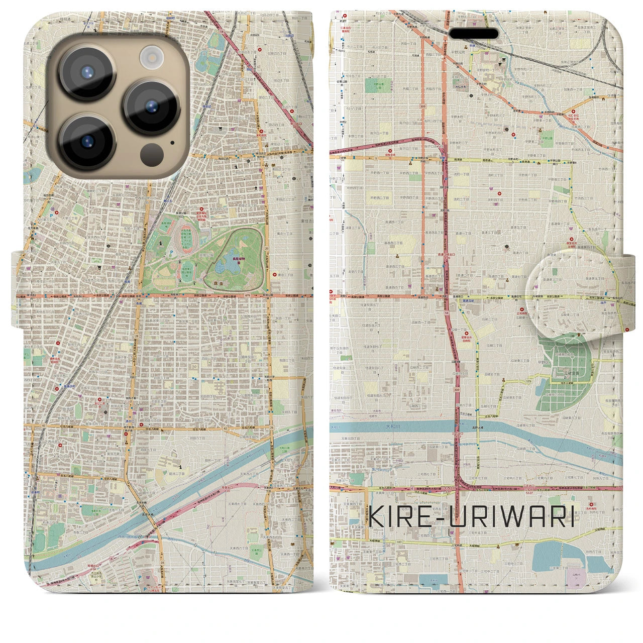 【喜連瓜破】地図柄iPhoneケース（手帳両面タイプ・ナチュラル）iPhone 14 Pro Max 用