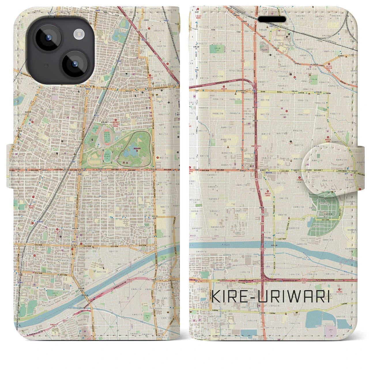 【喜連瓜破】地図柄iPhoneケース（手帳両面タイプ・ナチュラル）iPhone 14 Plus 用