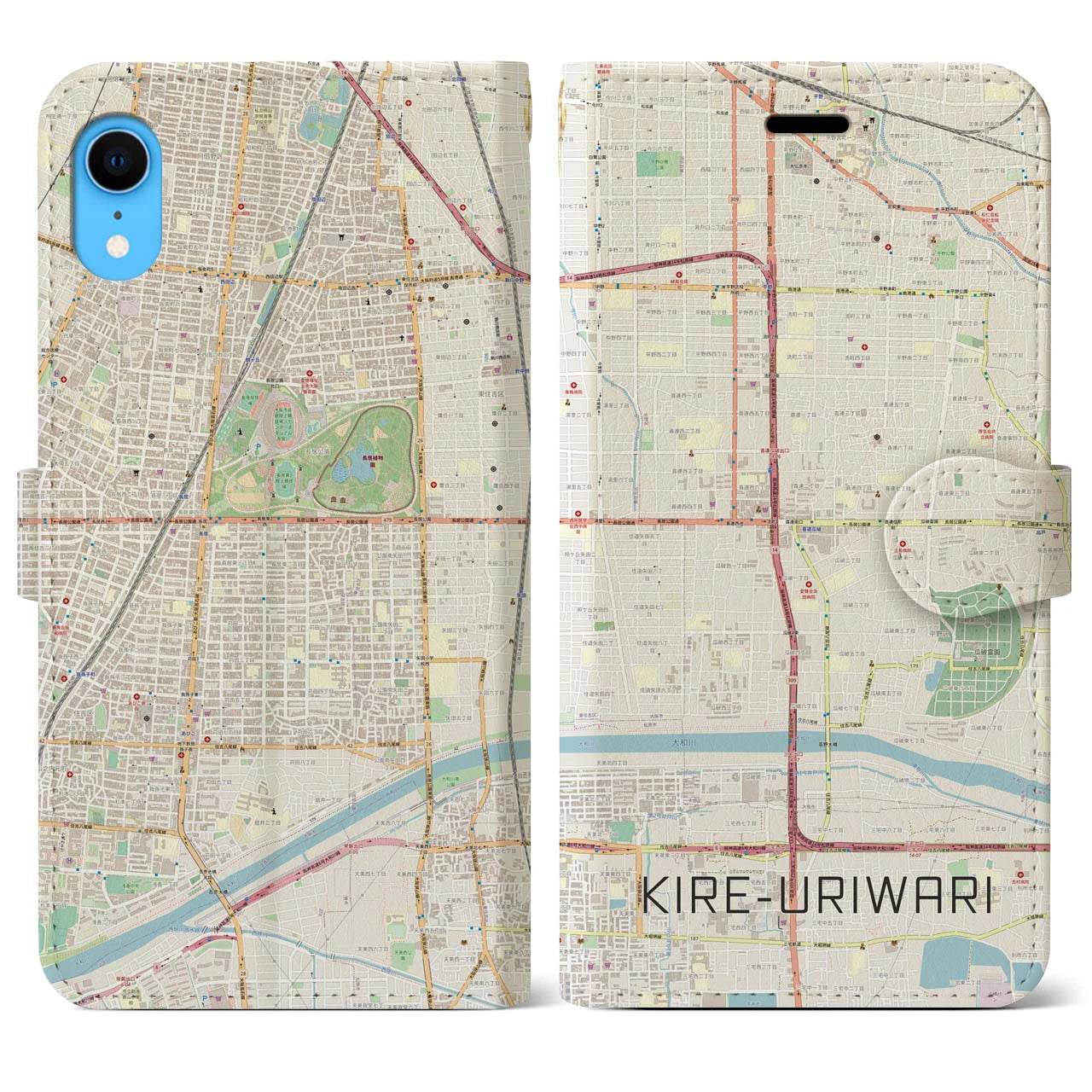 【喜連瓜破】地図柄iPhoneケース（手帳両面タイプ・ナチュラル）iPhone XR 用