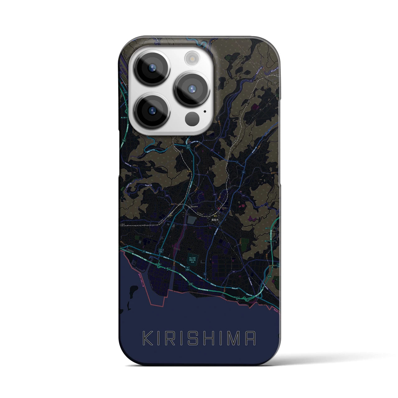 【霧島】地図柄iPhoneケース（バックカバータイプ・ブラック）iPhone 14 Pro 用