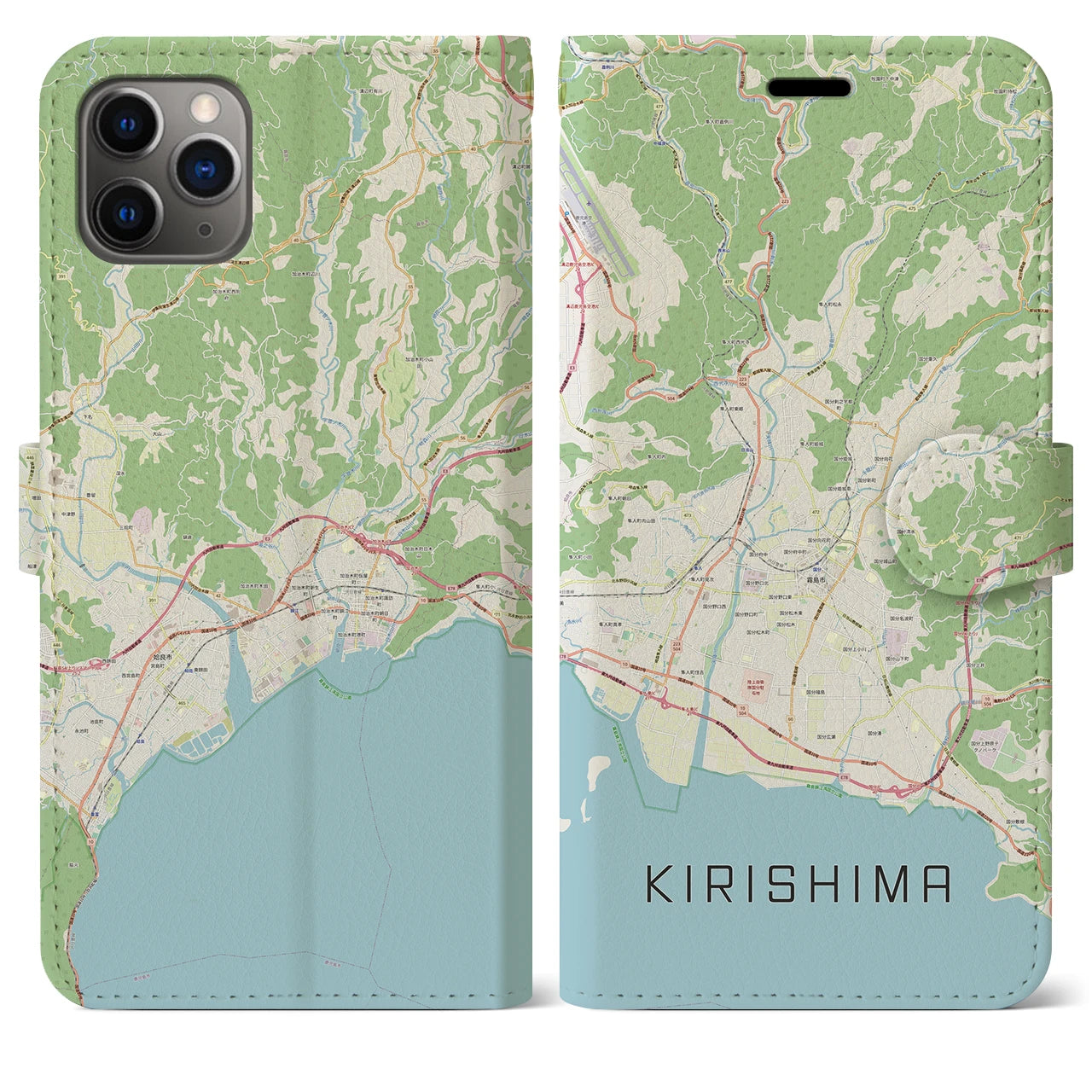【霧島】地図柄iPhoneケース（手帳両面タイプ・ナチュラル）iPhone 11 Pro Max 用