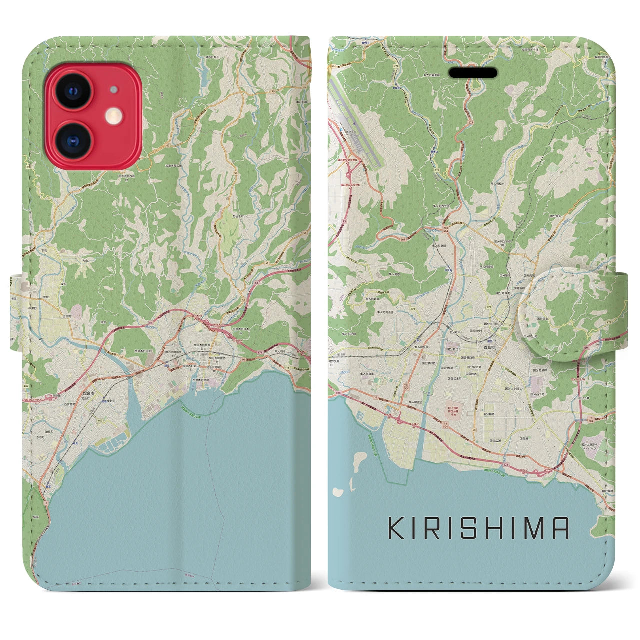 【霧島】地図柄iPhoneケース（手帳両面タイプ・ナチュラル）iPhone 11 用