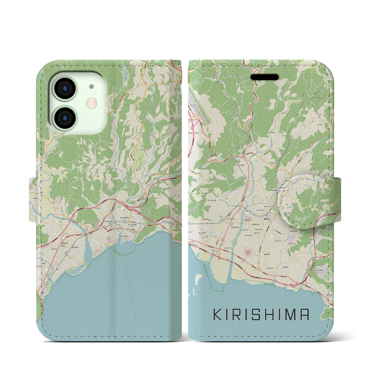 【霧島】地図柄iPhoneケース（手帳両面タイプ・ナチュラル）iPhone 12 mini 用