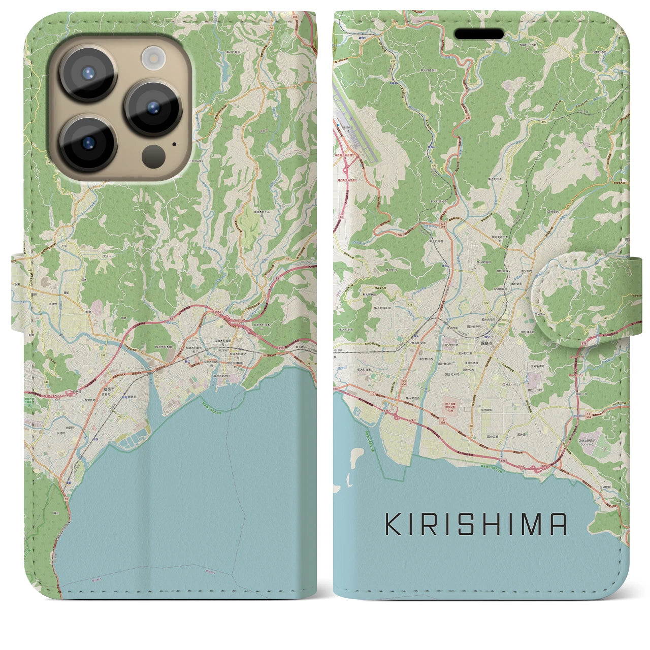 【霧島】地図柄iPhoneケース（手帳両面タイプ・ナチュラル）iPhone 14 Pro Max 用