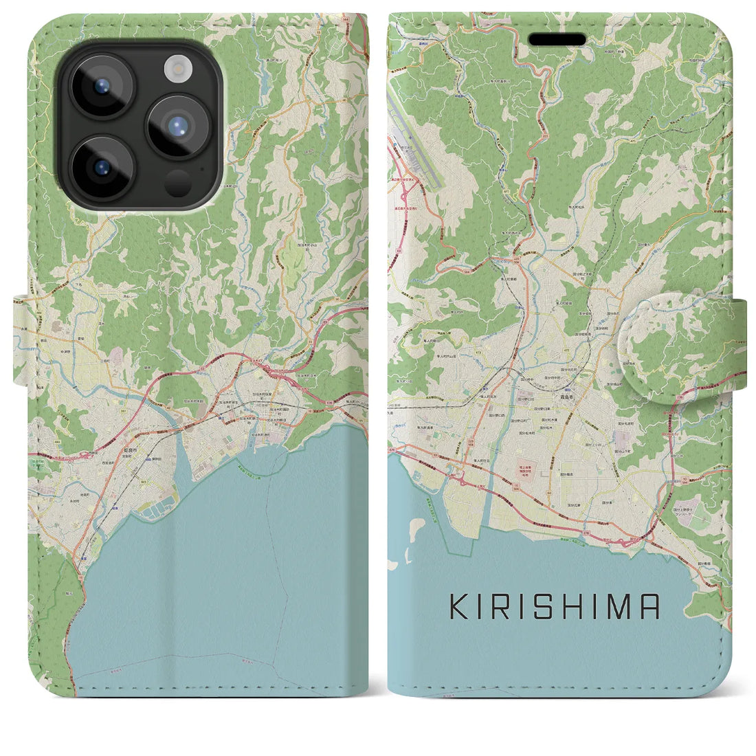 【霧島】地図柄iPhoneケース（手帳両面タイプ・ナチュラル）iPhone 15 Pro Max 用