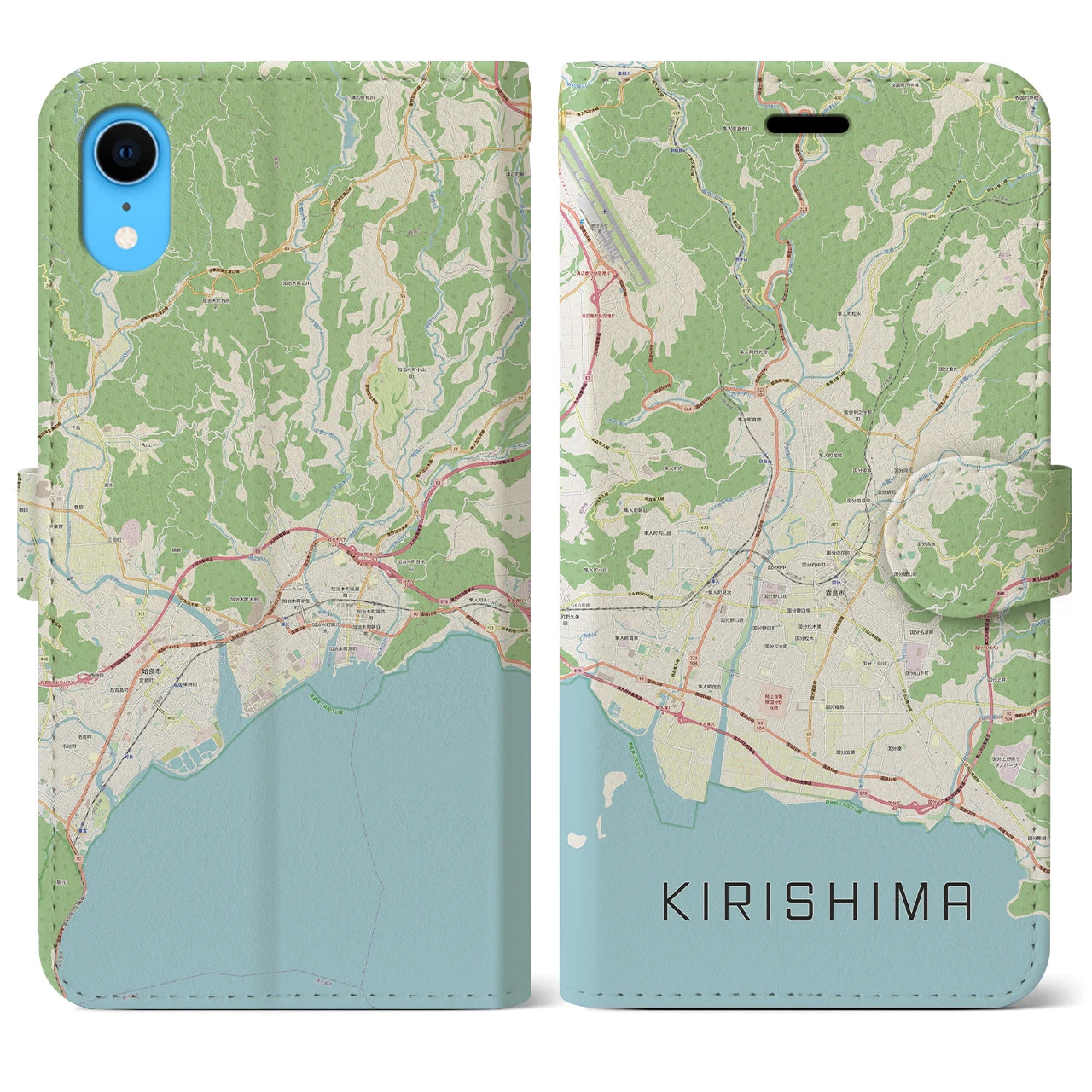 【霧島】地図柄iPhoneケース（手帳両面タイプ・ナチュラル）iPhone XR 用