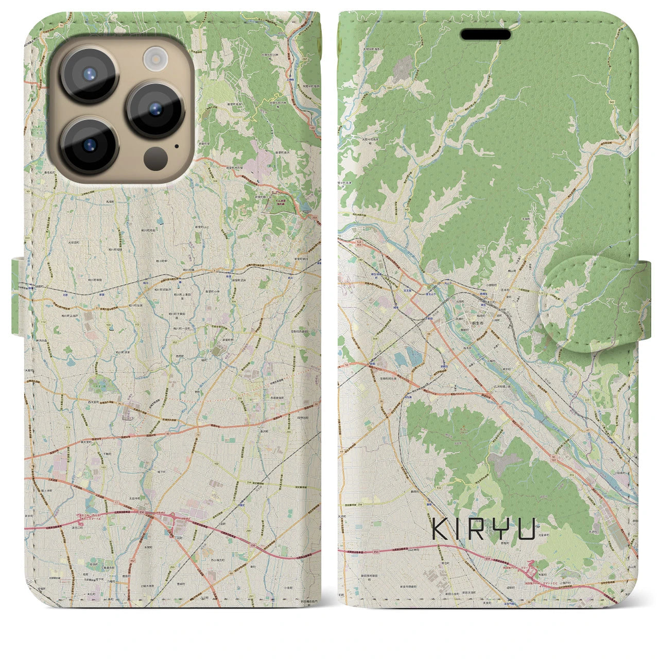 【桐生】地図柄iPhoneケース（手帳両面タイプ・ナチュラル）iPhone 14 Pro Max 用