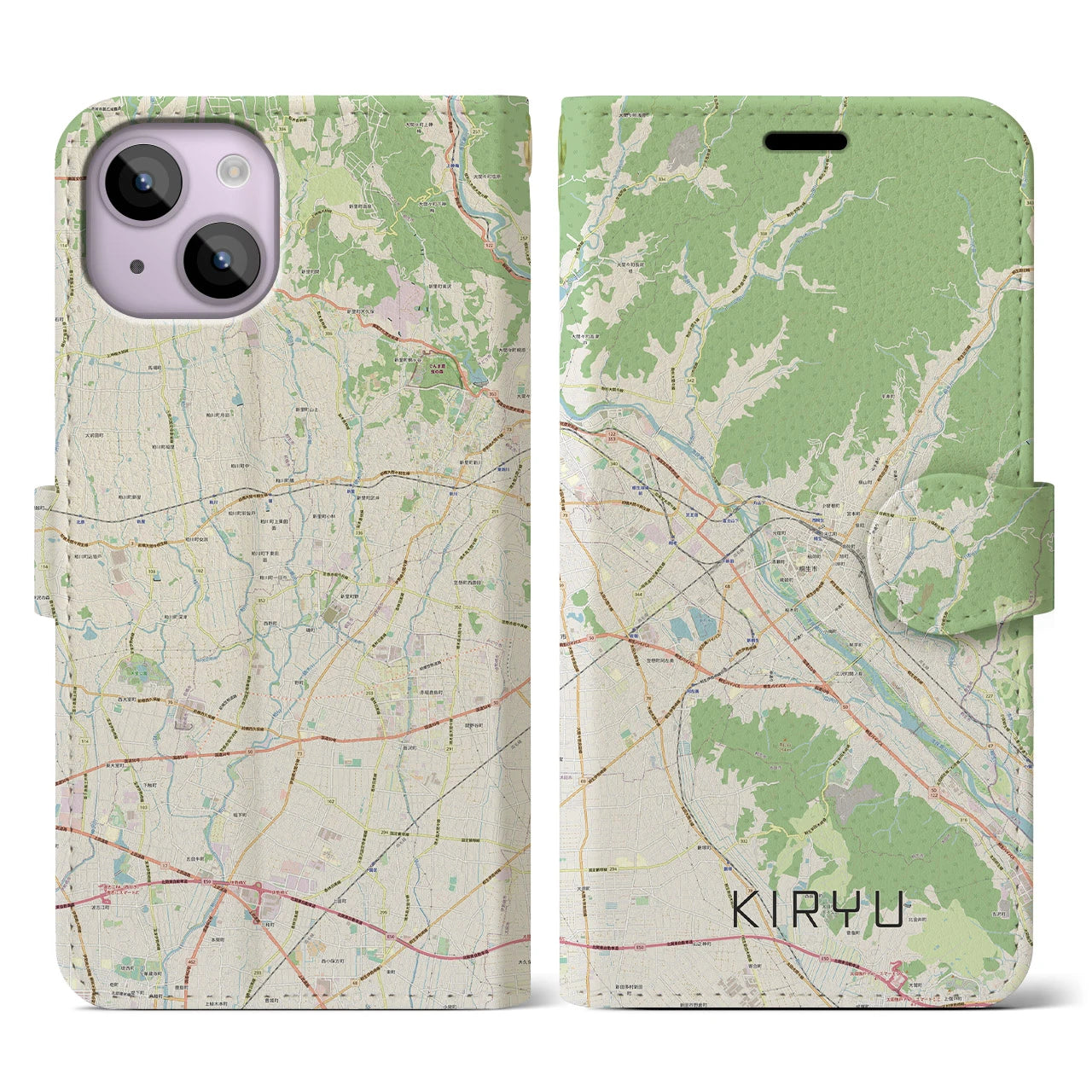 【桐生】地図柄iPhoneケース（手帳両面タイプ・ナチュラル）iPhone 14 用