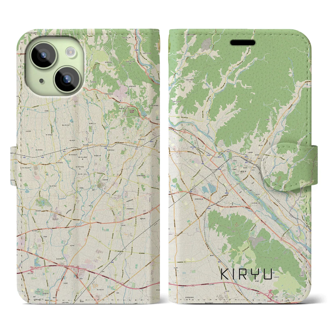 【桐生】地図柄iPhoneケース（手帳両面タイプ・ナチュラル）iPhone 15 用