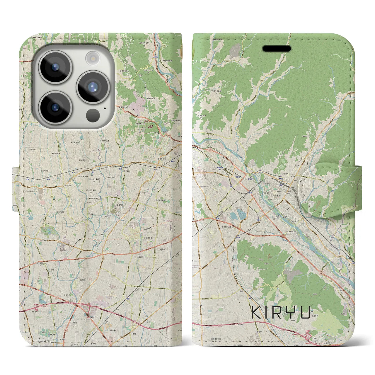 【桐生】地図柄iPhoneケース（手帳両面タイプ・ナチュラル）iPhone 15 Pro 用