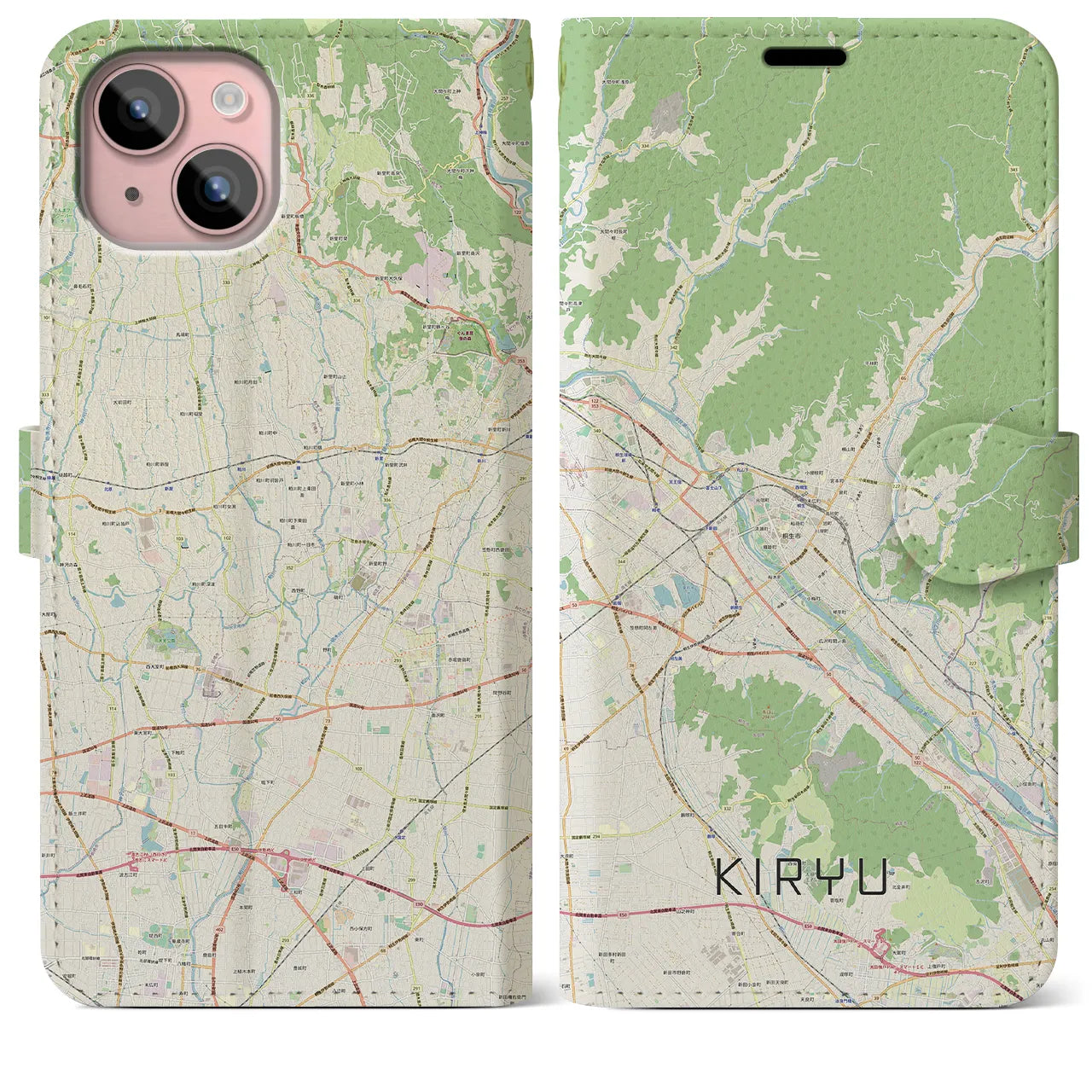 【桐生】地図柄iPhoneケース（手帳両面タイプ・ナチュラル）iPhone 15 Plus 用