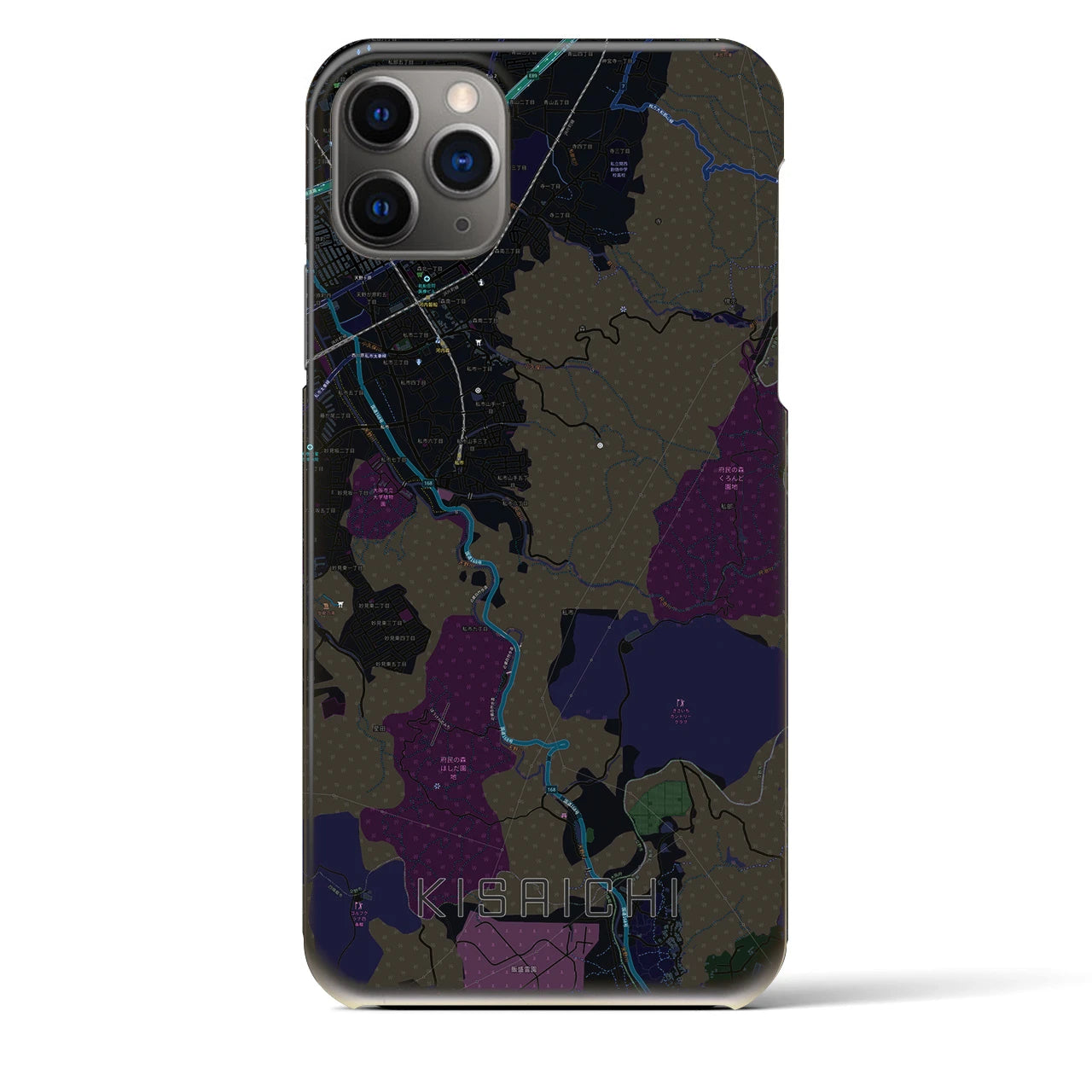 【私市】地図柄iPhoneケース（バックカバータイプ・ブラック）iPhone 11 Pro Max 用
