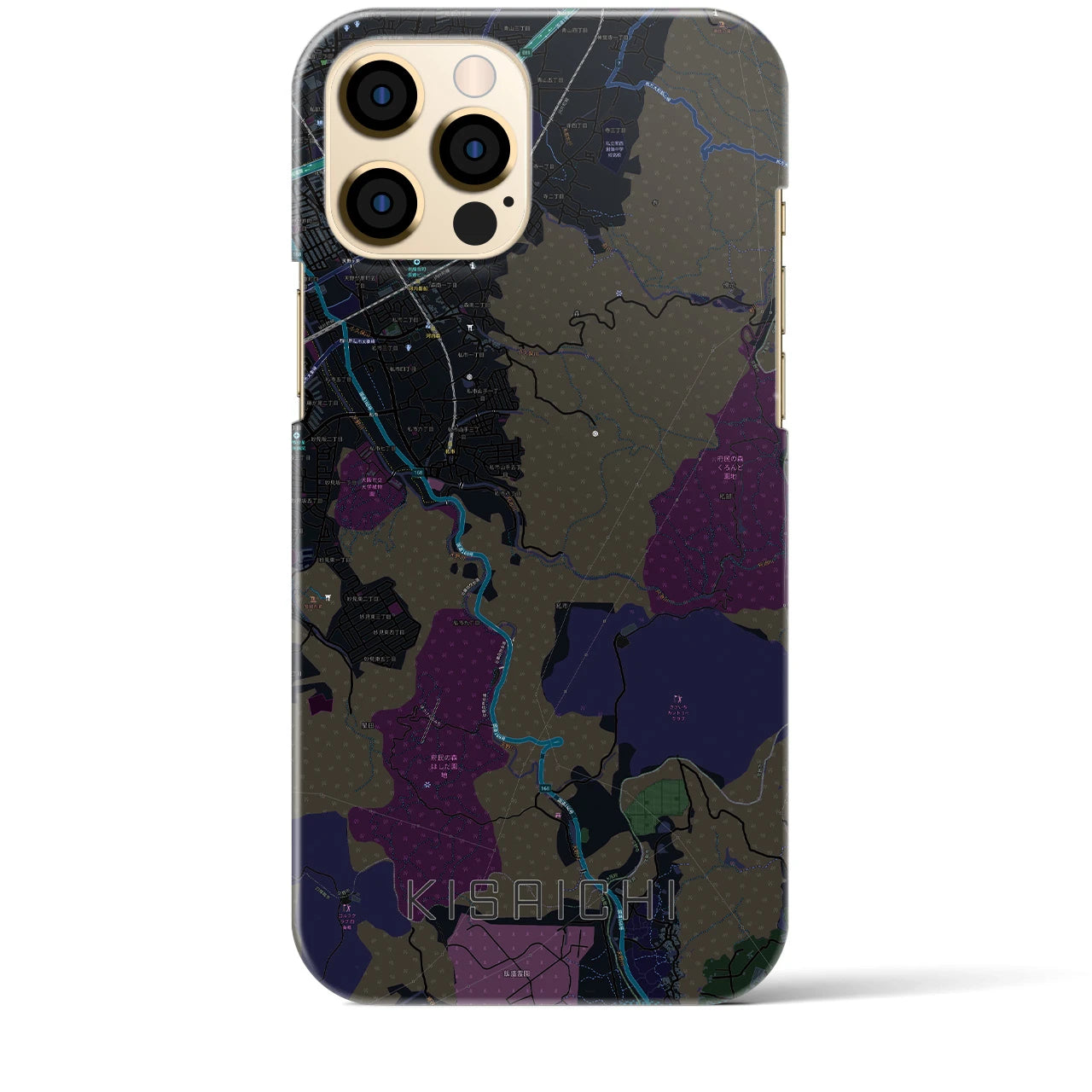 【私市】地図柄iPhoneケース（バックカバータイプ・ブラック）iPhone 12 Pro Max 用