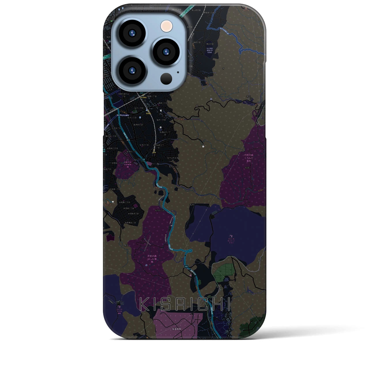 【私市】地図柄iPhoneケース（バックカバータイプ・ブラック）iPhone 13 Pro Max 用