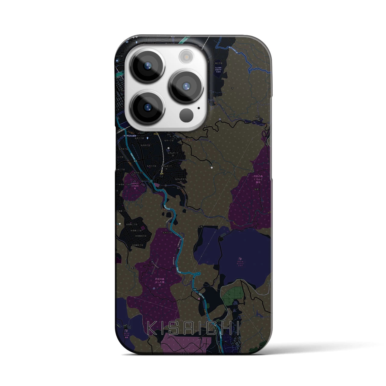 【私市】地図柄iPhoneケース（バックカバータイプ・ブラック）iPhone 14 Pro 用
