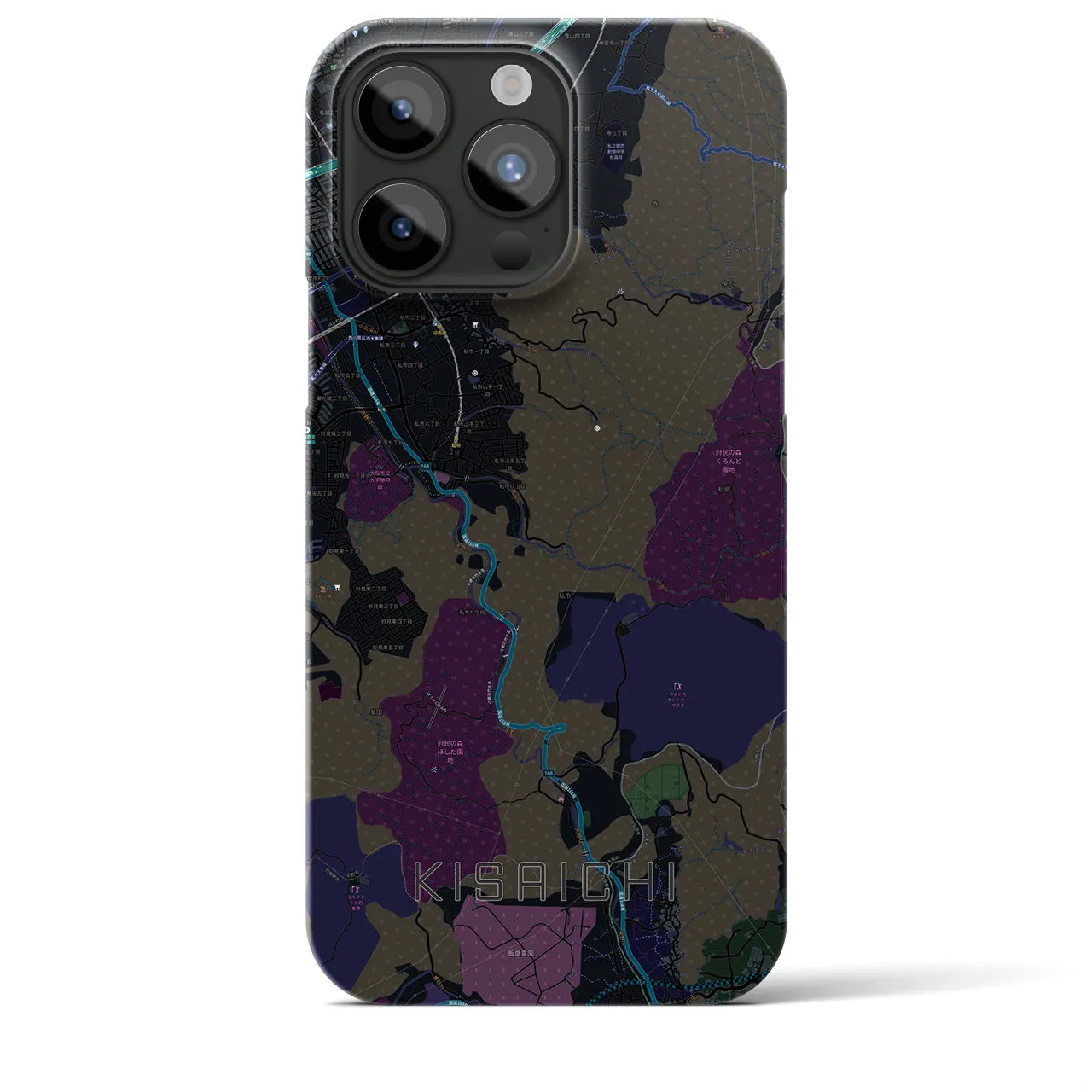 【私市】地図柄iPhoneケース（バックカバータイプ・ブラック）iPhone 15 Pro Max 用