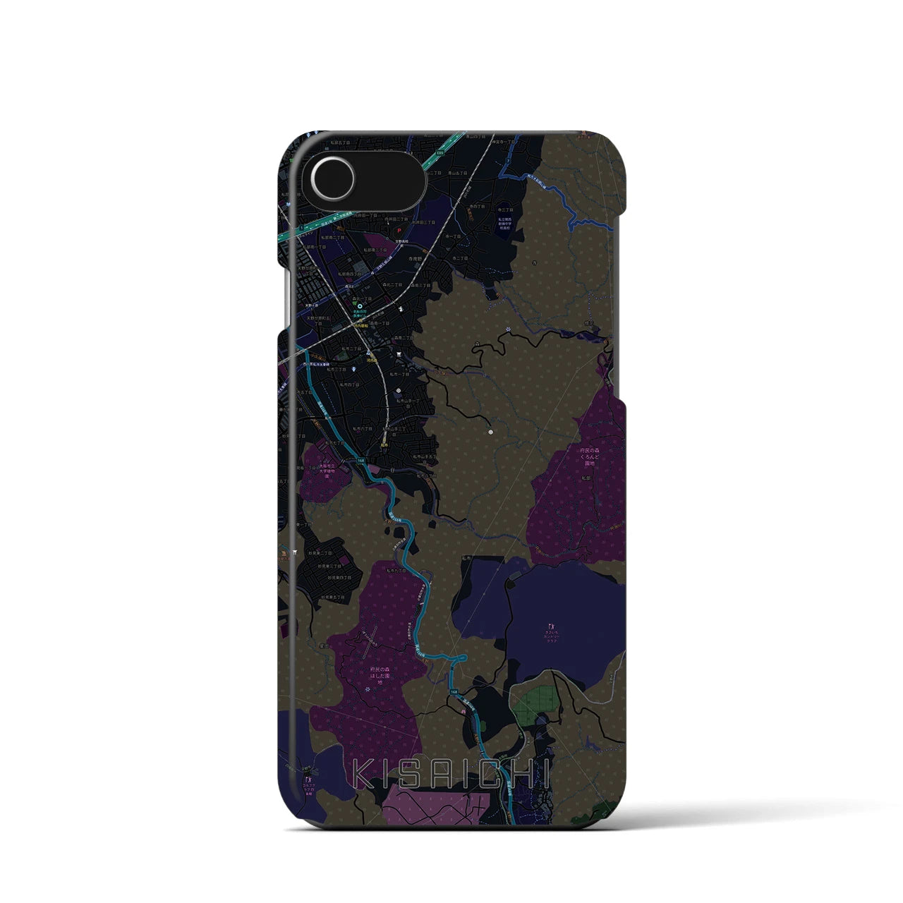【私市】地図柄iPhoneケース（バックカバータイプ・ブラック）iPhone SE（第3 / 第2世代） / 8 / 7 / 6s / 6 用