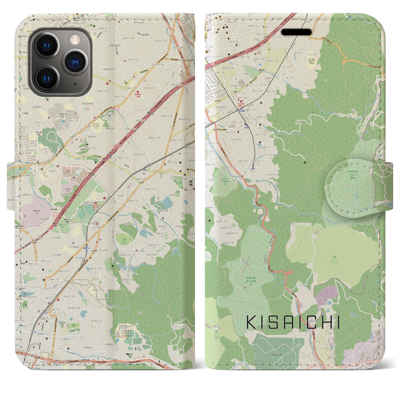 【私市】地図柄iPhoneケース（手帳両面タイプ・ナチュラル）iPhone 11 Pro Max 用