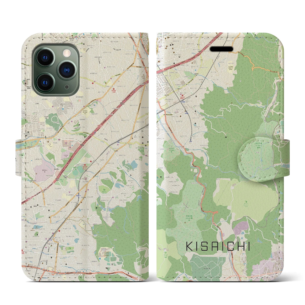 【私市】地図柄iPhoneケース（手帳両面タイプ・ナチュラル）iPhone 11 Pro 用