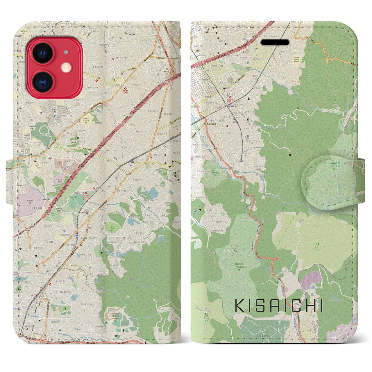 【私市】地図柄iPhoneケース（手帳両面タイプ・ナチュラル）iPhone 11 用