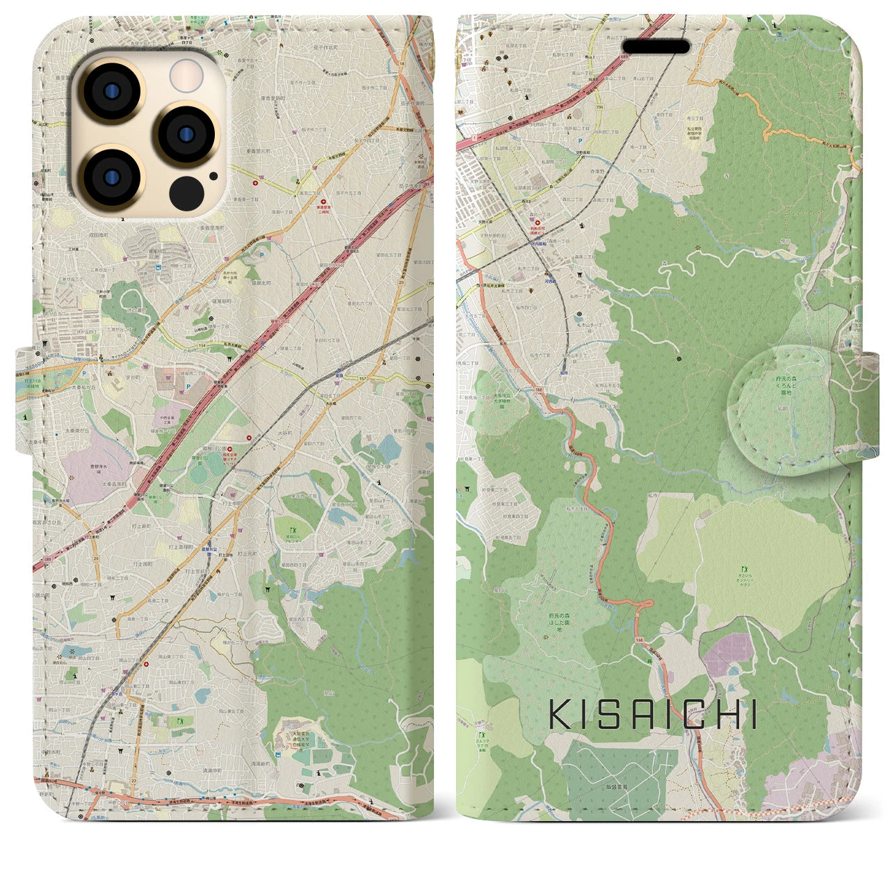 【私市】地図柄iPhoneケース（手帳両面タイプ・ナチュラル）iPhone 12 Pro Max 用