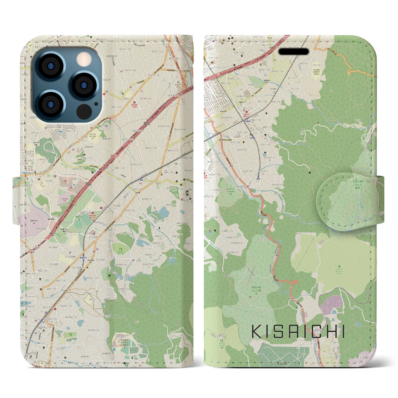 【私市】地図柄iPhoneケース（手帳両面タイプ・ナチュラル）iPhone 12 / 12 Pro 用