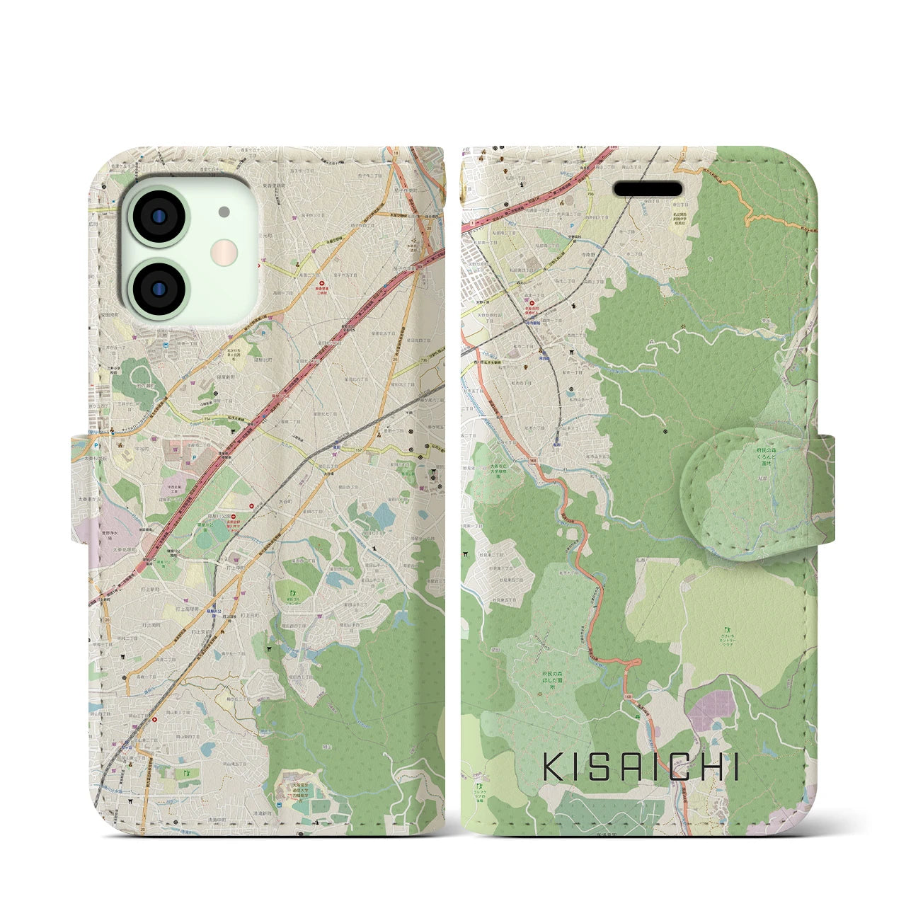 【私市】地図柄iPhoneケース（手帳両面タイプ・ナチュラル）iPhone 12 mini 用