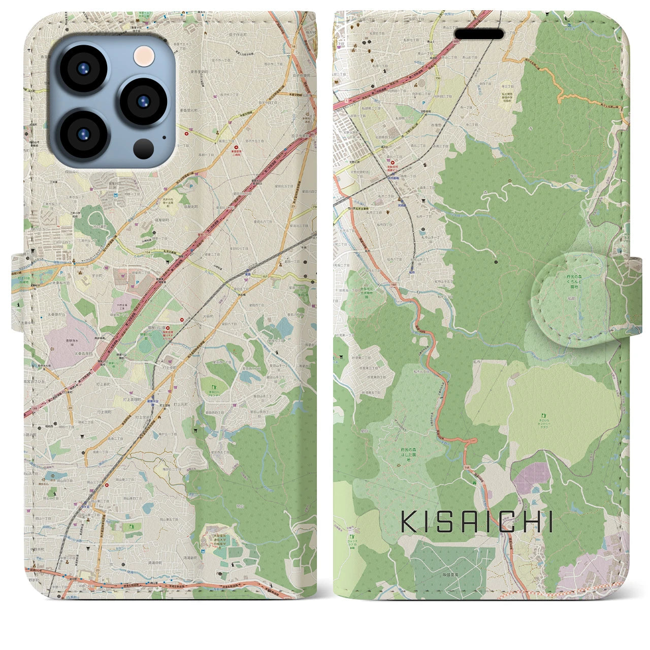 【私市】地図柄iPhoneケース（手帳両面タイプ・ナチュラル）iPhone 13 Pro Max 用